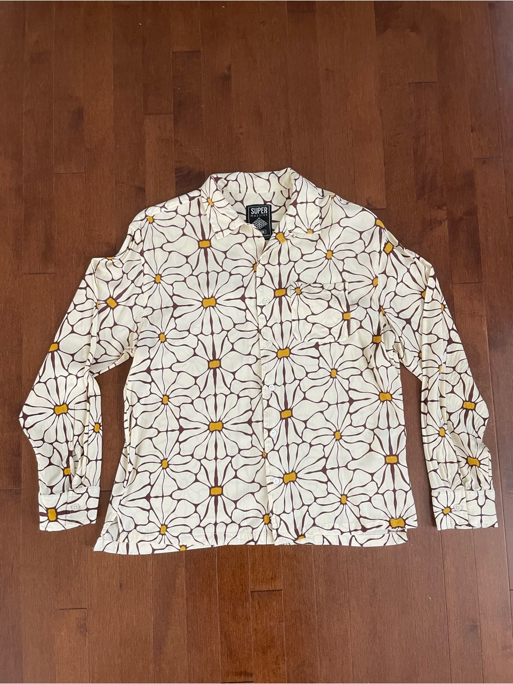 Printed Retro Floral Button-Up Shirt - Cream with Mustard Accents
